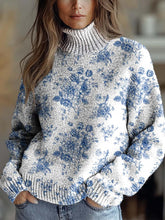 Women's Vintage Lovely Floral Art Print Knit Turtleneck Pullover Sweater